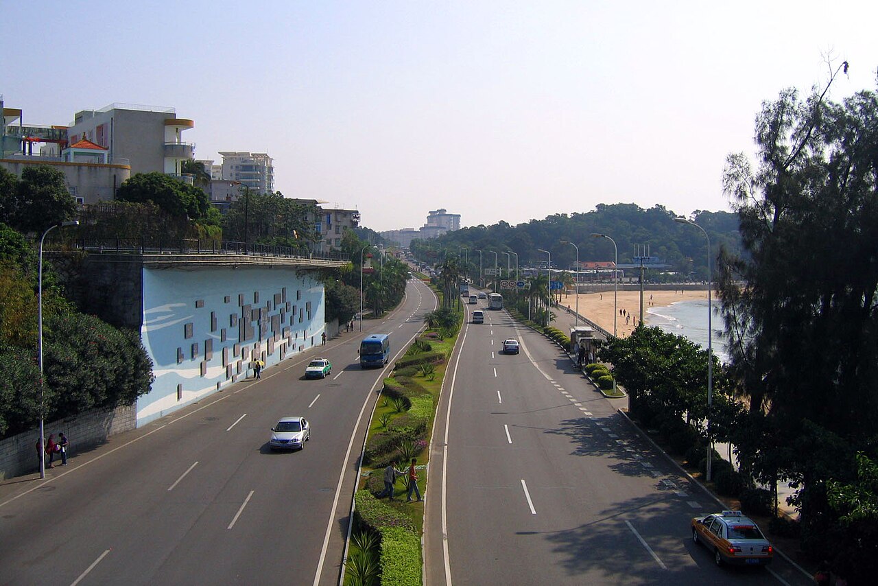 Huandao Road passing a sandy beach on Xiamen Island